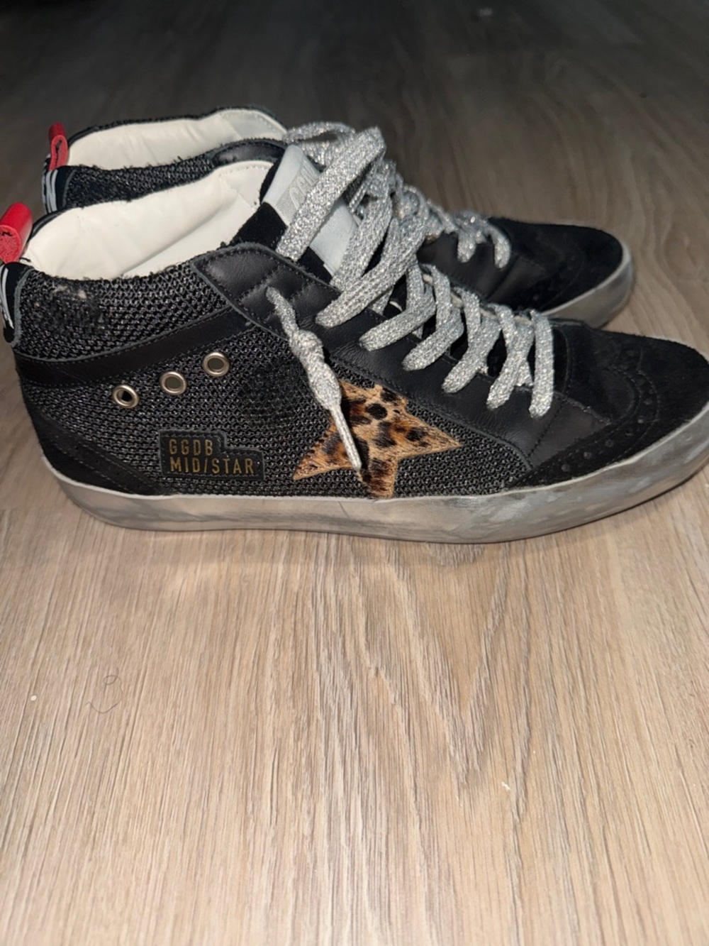 GOLDEN GOOSE distressed suede mid high animal print sneaker with metallic laces - Picture 4 of 10